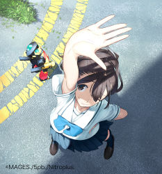 Rule 34 | 10s, 1girl, 5pb., absurdres, arm up, bow, bowtie, brown eyes, brown hair, dazzled, from above, fukuda tomonori, grass, hand focus, hand on own hip, highres, loafers, nitroplus, official art, one eye closed, pleated skirt, robot, robotics;notes, school uniform, senomiya akiho, serafuku, shade, shoes, short sleeves, skirt, socks, standing, sun glare, sunlight, toy, toy robot, wink