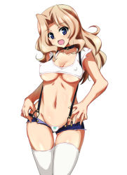 Rule 34 | 10s, 1girl, blonde hair, blue eyes, blush, breasts, crop top, covered erect nipples, girls und panzer, kay (girls und panzer), large breasts, micro panties, navel, nipples, open mouth, ouhashi, panties, shorts, solo, thigh gap, thighhighs, underboob, underwear, white panties