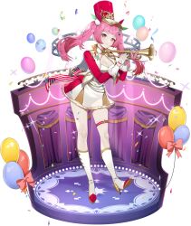 Rule 34 | 1girl, balloon, band uniform, boots, breasts, cleavage, confetti, dress, eversoul, full body, game cg, gloves, hat, highres, holding trumpet, instrument, jacket, knee boots, long sleeves, looking at viewer, marching band, medium breasts, non-web source, official alternate costume, official alternate hairstyle, official art, pale skin, pink eyes, pink hair, prim (eversoul), red jacket, shako cap, smile, solo, sparkle, stage, stage lights, standing, tachi-e, thigh strap, transparent background, trumpet, twintails, white dress, white gloves, wing collar