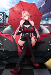 Rule 34 | 1girl, absurdres, azur lane, bare shoulders, black gloves, black leotard, black thighhighs, blue eyes, blue sky, breasts, car, cleavage, cleavage cutout, clothing cutout, collarbone, confetti, crossed legs, duke of york (azur lane), duke of york (prestige of the glorious formula) (azur lane), elbow gloves, full body, gloves, hair between eyes, high heels, highleg, highres, holding, holding umbrella, huge breasts, jiangshi (z296356158), leotard, long hair, long pointy ears, looking at viewer, motor vehicle, official alternate costume, on vehicle, outdoors, parted bangs, pink hair, pointy ears, race queen, racetrack, red footwear, red gloves, sitting, sky, smile, solo, sports car, thighhighs, umbrella, underboob cutout