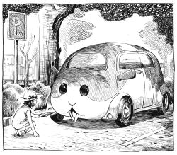 Rule 34 | 1girl, 1other, :d, ^ ^, border, car, carrot, closed eyes, commentary, creature, dress, drooling, english commentary, from side, full body, greyscale, hat, holding, holding carrot, medium hair, molcar, monochrome, motor vehicle, mouth drool, open mouth, original, profile, pui pui molcar, road sign, sandals, sign, smile, squatting, sun hat, tiptoes, tree, white border, y naf