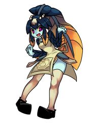 Rule 34 | 1girl, apron, bad id, bad pixiv id, blue skin, blunt bangs, breasts, colored sclera, colored skin, fins, fish girl, hair ornament, highres, minette (skullgirls), monster girl, open mouth, pigeon-toed, pink eyes, scales, shell, siwasu hizume, skullgirls, small breasts, smile, solo, thighhighs, waitress, yellow sclera