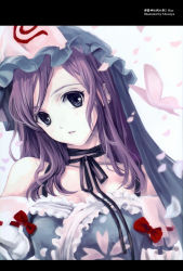 Rule 34 | 1girl, absurdres, alternate hairstyle, bare shoulders, blue eyes, bow, bug, butterfly, choker, cradle (circle), earrings, face, female focus, head tilt, highres, insect, japanese clothes, jewelry, kuroya shinobu, letterboxed, long hair, looking at viewer, petals, pink hair, ribbon choker, saigyouji yuyuko, solo, staring, touhou