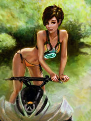 Rule 34 | 1girl, bent over, bikini, breasts, brown hair, casual, chest harness, cleavage, collarbone, cowboy shot, day, earrings, freckles, harness, hellishburn, highres, jet ski, jewelry, leaning forward, light smile, lips, logo, looking at viewer, nose, outdoors, overwatch, overwatch 1, realistic, short hair, side-tie bikini bottom, small breasts, solo, string bikini, swimsuit, tracer (overwatch), water, yellow bikini