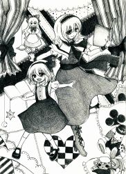 Rule 34 | 2girls, absurdres, alice margatroid, alice margatroid (pc-98), apron, bad id, bad pixiv id, book, boots, bow, capelet, clubs, crescent, cross-laced footwear, curtains, doll, dress, female focus, graphite (medium), hair bow, hair ornament, hair ribbon, hairband, heart, highres, jewelry, kneehighs, lace-up boots, mary janes, mochinya21, monochrome, moon, multiple girls, open mouth, planet, ribbon, ring, sash, saturn (planet), shanghai doll, shoes, short hair, skirt, smile, socks, star (symbol), stuffed animal, stuffed toy, suspenders, touhou, touhou (pc-98), toy, traditional media, wrist cuffs