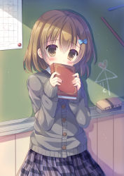 Rule 34 | 1girl, absurdres, ai ai gasa, blue bow, blush, book, bow, brown eyes, brown hair, cardigan, chalkboard, commentary request, grey cardigan, hair between eyes, hair bow, hands up, highres, holding, holding book, kouta., long sleeves, looking at viewer, original, parted lips, plaid, plaid skirt, pleated skirt, purple skirt, school uniform, skirt, sleeves past wrists, solo