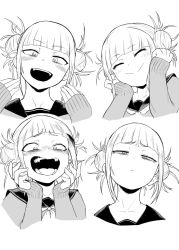 Rule 34 | 10s, 1girl, :d, ^ ^, bags under eyes, blunt bangs, blush, boku no hero academia, closed eyes, crazy smile, double bun, elbow gloves, expressions, fangs, female focus, gloves, greyscale, hair bun, half-closed eyes, hands on own cheeks, hands on own face, invisiblewanwano, looking at viewer, monochrome, multiple views, open mouth, sailor collar, scowl, sharp teeth, short twintails, simple background, sleeves past wrists, smile, solo focus, teeth, toga himiko, twintails, wavy mouth, white background