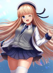 Rule 34 | 1girl, ;d, azur lane, beret, blonde hair, blue background, blue eyes, blue skirt, blunt bangs, blush, breasts, cardigan, collared shirt, commentary request, cowboy shot, grey cardigan, hat, highres, hime cut, icarus (azur lane), jacket, long hair, long sleeves, looking at viewer, manda (manda9n), medium breasts, one eye closed, open clothes, open jacket, open mouth, pleated skirt, shirt, simple background, skindentation, skirt, smile, solo, standing, thighhighs, undershirt, white hat, white jacket, white shirt, white thighhighs, zettai ryouiki