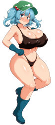 Rule 34 | 1girl, black panties, black tank top, blue eyes, blue footwear, blue gloves, blush, boots, breasts, cleavage, closed mouth, commentary request, covered erect nipples, flat cap, full body, gloves, green hat, hair bobbles, hair ornament, haruka (haruka channel), hat, highres, huge breasts, kawashiro nitori, looking at viewer, navel, panties, simple background, solo, tank top, touhou, two side up, underwear, variant set, white background