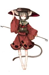 Rule 34 | 1girl, absurdres, animal ears, bare legs, barefoot, bloomers, bowl, bowl hat, capelet, cosplay, daruia (sabitare), full body, grey hair, hat, highres, japanese clothes, jewelry, kimono, mouse ears, mouse tail, nazrin, obi, pendant, red eyes, red kimono, sash, simple background, smile, solo, standing, sukuna shinmyoumaru, sukuna shinmyoumaru (cosplay), tail, touhou, underwear, white background, wide sleeves