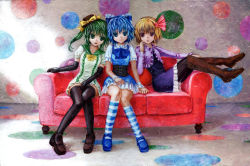 Rule 34 | 3girls, alternate costume, asymmetrical hair, black gloves, black socks, blonde hair, blue dress, blue eyes, blue hair, boots, bow, capelet, cirno, corset, couch, daiyousei, dress, elbow gloves, gloves, green eyes, green hair, green skirt, hair bow, hair ribbon, hat, hat ribbon, kabaji, knee boots, kneehighs, long sleeves, multiple girls, oil painting (medium), open mouth, painting (medium), pantyhose, polka dot, purple skirt, red eyes, red upholstery, revision, ribbon, rumia, short hair, short sleeves, side ponytail, sitting, skirt, smile, socks, striped clothes, striped legwear, striped socks, thighhighs, touhou, traditional media, wrist cuffs, zettai ryouiki
