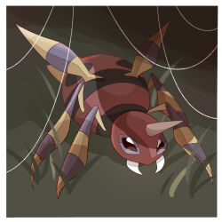 Rule 34 | animal focus, ariados, black eyes, blurry, border, bug, colored sclera, creatures (company), depth of field, fangs, full body, game freak, gen 2 pokemon, grass, green background, highres, nintendo, no humans, outdoors, pokemon, pokemon (creature), purple sclera, solo, spider, standing, tamako (pixiv 71110817), white border