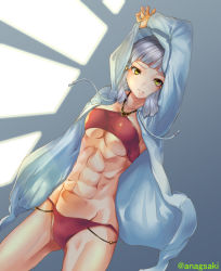 Rule 34 | 1girl, abs, aona (anagasaki), arm up, bandeau, bikini, bikini under clothes, blunt bangs, breasts, collarbone, commentary request, cowboy shot, fate/grand order, fate (series), frown, hood, hood up, hoodie, looking at viewer, medium breasts, muscular, muscular female, open clothes, open hoodie, penthesilea (fate), red bikini, short hair, silver hair, solo, standing, swimsuit, twitter username, underboob, yellow eyes