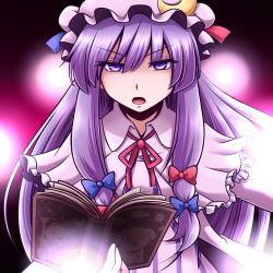 Rule 34 | &gt;:o, 1girl, :o, blue eyes, blue ribbon, book, commentary request, crescent moon symbol, dress, frilled sleeves, frills, frown, hair ribbon, hat, holding, holding book, long hair, long sleeves, looking at viewer, nightgown, open mouth, patchouli knowledge, mob cap, pink dress, purple hair, red ribbon, ribbon, solo, tottsuman, touhou, tress ribbon, upper body, v-shaped eyebrows