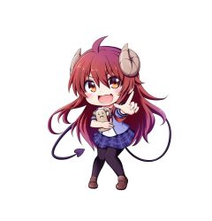 Rule 34 | 1girl, ahoge, black pantyhose, blue shirt, blue skirt, blush, brown eyes, brown footwear, brown hair, chibi, commentary request, curled horns, demon girl, demon horns, demon tail, fang, full body, hair between eyes, highres, horns, knees together feet apart, kuena, loafers, long hair, looking at viewer, machikado mazoku, neck ribbon, hugging object, open mouth, outstretched arm, pantyhose, plaid, plaid skirt, pleated skirt, pointing, pointing at viewer, red ribbon, ribbon, shirt, shoes, short sleeves, simple background, skirt, solo, tail, v-shaped eyebrows, very long hair, white background, yoshida yuuko (machikado mazoku)