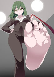 Rule 34 | 1girl, business suit, ceiling light, eyelashes, feet, female focus, femdom, foot focus, formal, from below, green eyes, green hair, hair between eyes, hand on own hip, highres, holding, holding leash, leash, lights, long hair, looking at viewer, office lady, open mouth, original, parted lips, pov, shigecchi, soles, solo, standing, standing on one leg, suit, toes