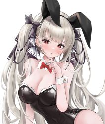 Rule 34 | 1girl, absurdres, animal ears, azur lane, bare shoulders, black leotard, blunt bangs, bow, bowtie, breasts, cleavage, commentary request, covered navel, cowboy shot, detached collar, earrings, fake animal ears, formidable (azur lane), hair bow, hair ornament, hand up, highleg, highleg leotard, highres, jewelry, kori36870360, large breasts, latex, latex leotard, leotard, long hair, looking at viewer, messy hair, open mouth, parted lips, playboy bunny, red bow, red bowtie, red eyes, silver hair, simple background, solo, strapless, strapless leotard, thighs, twintails, white background, wrist cuffs