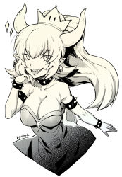 Rule 34 | 1girl, armlet, artist name, bare shoulders, bowsette, bracelet, breasts, cleavage, collar, collarbone, covered erect nipples, crown, dress, earrings, female focus, hand up, happy, highres, horns, jewelry, large breasts, long hair, mario (series), monochrome, new super mario bros. u deluxe, nidoriko, nintendo, open mouth, pointy ears, ponytail, sharp teeth, signature, simple background, smile, solo, sparkle, spiked bracelet, spiked collar, spiked shell, spikes, strapless, strapless dress, super crown, teeth, turtle shell, white background