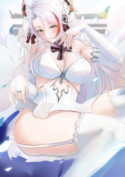 Rule 34 | 1girl, absurdres, antenna hair, ass, azur lane, bare shoulders, black ribbon, blue gemstone, breasts, bridal gauntlets, bridal veil, cafenami, cleavage, dress, elbow gloves, feet out of frame, finger to mouth, garter straps, gem, gloves, hair ribbon, highres, jewelry, lace, lace-trimmed legwear, lace trim, large breasts, looking at viewer, lying, multicolored hair, official alternate costume, on back, prinz eugen (azur lane), prinz eugen (symphonic fate) (azur lane), red hair, ribbon, ring, see-through, see-through dress, solo, streaked hair, thighhighs, two-tone hair, veil, wedding dress, wedding ring, white dress, white garter straps, white hair, white thighhighs, yellow eyes