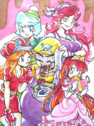 Rule 34 | 1boy, 4girls, beanie, blue eyes, blue hair, box, breasts, brown hair, candy, captain syrup, chocolate, chocolate heart, cleavage, crown, dress, earrings, elbow gloves, food, gloves, goggles, goggles on head, green hair, happy, harem, hat, heart, heart-shaped box, height difference, imminent kiss, jewelry, large breasts, long hair, mario (series), marker (medium), mona (warioware), mouth hold, multiple girls, nintendo, omu (sinsindan), one eye closed, orange hair, overalls, pocky, pocky kiss, princess, princess shokora, queen, queen merelda, red gloves, red hair, shared food, short dress, short hair, small breasts, sweatdrop, traditional media, very long hair, wario, wario land, wario land 4, wario land: shake it!, warioware, white gloves, wink, wristband