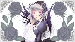 Rule 34 | 1girl, black flower, black rose, black wings, bow, doll joints, feathers, flower, frills, gothic lolita, hairband, joints, lolita fashion, lolita hairband, long hair, looking at viewer, red eyes, ribbon, rose, rozen maiden, silver hair, solo, suigintou, sumitan, wings