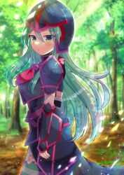 Rule 34 | 1girl, armor, black headwear, black thighhighs, blurry, blurry background, blush, closed mouth, commentary request, commission, day, depth of field, fire emblem, fire emblem: path of radiance, from side, green eyes, green hair, hair between eyes, helmet, kou hiyoyo, long hair, looking at viewer, looking to the side, nephenee (fire emblem), nintendo, outdoors, skeb commission, solo, thighhighs, tree, vambraces, very long hair