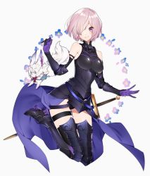 Rule 34 | 1girl, arm guards, armor, armored boots, armored dress, bare shoulders, black thighhighs, boots, breasts, commentary, elbow gloves, elbow pads, fate/grand order, fate (series), fou (fate), full body, gloves, hair over one eye, hands up, high heel boots, high heels, highres, looking at viewer, mash kyrielight, medium breasts, pink hair, purple eyes, sheath, sheathed, short hair, simple background, sino42, sleeveless, smile, solo, sword, thighhighs, thighs, weapon, white background