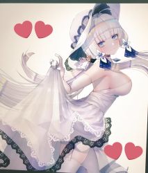 Rule 34 | 1girl, anchor symbol, armlet, azur lane, bad id, bad twitter id, blue eyes, blue gemstone, blunt bangs, blush, breasts, choker, clothes lift, cowboy shot, dress, dress lift, elbow gloves, from side, garter straps, gem, gloves, hair ornament, hair ribbon, hanato (seonoaiko), hat, head tilt, heart, illustrious (azur lane), jewelry, lace-trimmed hat, lace trim, large breasts, long hair, looking at viewer, low twintails, mole, mole under eye, night, night sky, parted lips, pendant, ribbon, see-through, sidelocks, sky, solo, sun hat, thighhighs, tress ribbon, twintails, white dress, white gloves, white hair, white hat