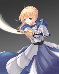 Rule 34 | 1girl, ahoge, armor, armored dress, artoria pendragon (fate), bad id, bad pixiv id, blonde hair, clenched teeth, dress, excalibur (fate/stay night), fate/stay night, fate/zero, fate (series), faulds, frown, gauntlets, green eyes, hair ribbon, looking at viewer, nksk, ribbon, saber (fate), slashing, solo, sword, teeth, weapon