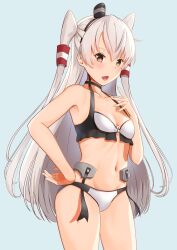 Rule 34 | 1girl, amatsukaze (kancolle), bikini, black choker, blue background, breasts, brown eyes, choker, cowboy shot, grey hair, hair tubes, hand on own hip, highres, kantai collection, long hair, looking at viewer, navel, o-ring, o-ring bikini, open mouth, simple background, small breasts, smile, smokestack hair ornament, solo, standing, swimsuit, two side up, zuki