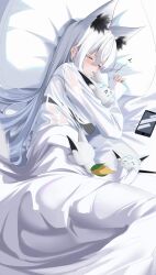 1girl ahoge alternate_costume animal_ear_fluff animal_ears bed blanket cellphone collared_shirt crossed_bangs double-parted_bangs extra_ears fox_ears fox_girl highres hololive indoors long_hair long_sleeves on_bed phone pillow see-through_clothes shirakami_fubuki shirt sidelocks sleeping smartphone solo sukonbu_(shirakami_fubuki) tanishi_(hetianming11093) virtual_youtuber white_hair white_shirt