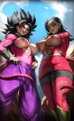 Rule 34 | 2girls, absurdres, breasts, caulifla, dragon ball, dragon ball super, earrings, elite nappa, from below, highres, jewelry, kale (dragon ball), large breasts, looking at viewer, multiple girls, muscular, muscular female, nipples, pants, red fur, super saiyan, super saiyan 4, tail, topless, topless female, veins, veiny breasts, wristband, yellow eyes