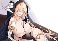 Rule 34 | 1girl, absurdly long hair, absurdres, areola slip, azur lane, bare shoulders, between breasts, black gloves, blonde hair, breast cutout, breasts, cleavage, covered erect nipples, eyes visible through hair, fake horns, gloves, habit, hair between eyes, half gloves, halo, heart, heart-shaped pupils, highres, horns, huge breasts, implacable (azur lane), leer.meer, long bangs, long hair, long sleeves, looking at viewer, lying, mechanical halo, nun, on side, pelvic curtain, pulled by self, red eyes, revealing clothes, see-through, shiny skin, smile, solo, strap between breasts, strap pull, symbol-shaped pupils, thighhighs, veil, very long hair, white horns, white thighhighs, wide sleeves