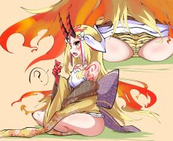 Rule 34 | 1girl, animal print, ass, blonde hair, breasts, brown eyes, crossed legs, facial mark, fang, fate/grand order, fate (series), forehead mark, from side, gradient hair, highres, horns, ibaraki douji (fate), japanese clothes, kakihou, kimono, long hair, multicolored hair, off shoulder, oni, oni horns, open mouth, panties, short kimono, sitting, solo, striped clothes, striped panties, tattoo, thighs, tiger print, underwear, yellow kimono