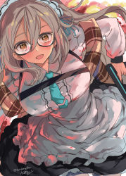 Rule 34 | 1girl, akane (blue archive), apron, aqua necktie, blue archive, blush, breasts, brown eyes, dress, explosion, frilled apron, frills, glasses, gun, hair between eyes, hair ribbon, highres, holding, holding gun, holding weapon, large breasts, light brown hair, long hair, long sleeves, looking at viewer, maid headdress, mizuta kenji, necktie, one-hour drawing challenge, ribbon, solo, twitter username, weapon, white apron