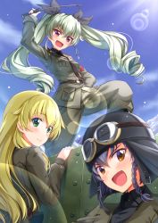 Rule 34 | 10s, anchovy (girls und panzer), belt, black footwear, black hair, black shirt, blonde hair, blush, boots, braid, brown eyes, carpaccio (girls und panzer), carro armato p40, cloud, cloudy sky, commentary request, day, dress shirt, drill hair, from behind, girls und panzer, goggles, goggles on headwear, green eyes, green hair, grey jacket, grey pants, hair ribbon, helmet, holding, holding riding crop, jacket, knee boots, lens flare, long hair, long sleeves, looking at viewer, looking back, military, military uniform, military vehicle, motor vehicle, necktie, open mouth, pants, pepperoni (girls und panzer), red eyes, ribbon, riding crop, shirt, short hair, side braid, sky, smile, standing, tank, twin drills, twintails, uniform, vehicle, yukikaze (aaassszzz)