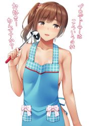 Rule 34 | 1girl, apron, bad id, bad twitter id, bare shoulders, blue apron, blush, breasts, brown eyes, brown hair, cleavage, collarbone, commentary request, hair ornament, hair scrunchie, hand up, hip focus, idolmaster, idolmaster cinderella girls, igarashi kyoko, ladle, long hair, looking at viewer, medium breasts, naked apron, parted lips, scrunchie, side ponytail, sideboob, simple background, smile, solo, translation request, umihotaru harumare, white background