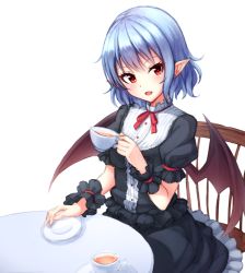 Rule 34 | 1girl, :d, bad id, bad pixiv id, bat wings, black shirt, black skirt, blouse, blue hair, blush, breasts, buttons, chair, cup, artistic error, eyelashes, fang, frilled skirt, frills, holding, holding cup, junior27016, looking at viewer, no headwear, open mouth, plate, pointy ears, puffy short sleeves, puffy sleeves, red eyes, red ribbon, remilia scarlet, ribbon, saucer, shirt, short hair, short sleeves, simple background, sitting, skirt, skirt set, small breasts, smile, solo, table, tea, teacup, touhou, white background, wings, wrist cuffs