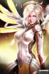 Rule 34 | 1girl, artist name, blonde hair, blue eyes, blush, bodysuit, breasts, gloves, halo, high ponytail, highres, lacanishu, large breasts, long hair, mechanical halo, mechanical wings, mercy (overwatch), overwatch, overwatch 1, pantyhose, ponytail, purple eyes, short hair, solo, spread wings, staff, watermark, web address, wings, yellow wings