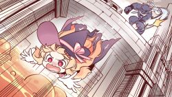 Rule 34 | 2girls, blonde hair, blue hair, blush, cape, chibi, claws, falling, game cg, gloves, hair over one eye, hairband, hat, hat ribbon, highres, lava, little witch nobeta, long hair, monica (little witch nobeta), monster, multiple girls, nobeta, non-web source, official art, one eye covered, open mouth, purple cape, purple hat, red eyes, ribbon, scar, scar across eye, scared, solo focus, white gloves, witch hat