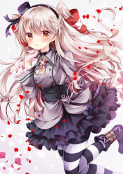 Rule 34 | 10s, 1girl, :o, alternate costume, amatsukaze (kancolle), anchor, ascot, blush, brown eyes, commentary request, gloves, grey background, grey hair, hair tubes, hat, kantai collection, lifebuoy, lolita fashion, long hair, long sleeves, looking at viewer, nogi takayoshi, pantyhose, petals, solo, striped clothes, striped pantyhose, swim ring, two side up, very long hair