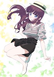 Rule 34 | 1girl, :o, black skirt, blouse, breasts, brown hair, commentary request, floating hair, full body, hat, highres, large breasts, long hair, looking at viewer, makicha (sasurainopink), multicolored background, new game!, parted lips, purple eyes, shirt, shoes, short sleeves, skirt, solo, takimoto hifumi, white footwear
