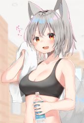 Rule 34 | 1girl, animal ears, bottle, fang, grey hair, highres, holding, holding bottle, holding towel, inubashiri momiji, looking at viewer, mamemochi, open mouth, red eyes, short hair, skin fang, smile, solo, sweat, tail, touhou, towel, upper body, water bottle, wolf ears, wolf tail