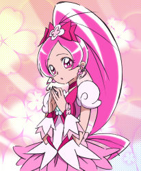 Rule 34 | 10s, 1girl, bow, choker, cure blossom, dress, earrings, eyelashes, gorou (pixiv3249935), hanasaki tsubomi, heartcatch precure!, jewelry, long hair, looking at viewer, magical girl, pink background, pink bow, pink dress, pink eyes, pink hair, pink skirt, pink theme, ponytail, precure, puffy sleeves, skirt, solo, very long hair, wrist cuffs