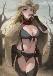 Rule 34 | 1girl, belt, blonde hair, blue eyes, breasts, chaps, chowbie, cigar, cleavage, cowboy, cowboy hat, feet out of frame, front-tie top, gun, handgun, hat, highres, holster, holstered, looking at viewer, medium breasts, micro shorts, navel, original, poncho, revolver, shorts, suspenders, weapon, cowboy western