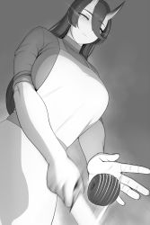 Rule 34 | 1girl, afterimage, apple, apron, asahi (lvl), breasts, commentary, english commentary, food, fruit, greyscale, half-closed eyes, highres, holding, holding knife, horns, huge breasts, knife, long hair, looking at object, lvl (sentrythe2310), monochrome, motion lines, oni, oni horns, original, pointy ears, solo