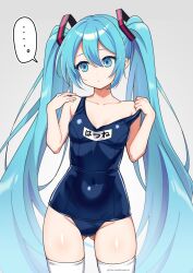 ... 1girl aqua_eyes aqua_hair averting_eyes bare_arms bare_shoulders collarbone competition_swimsuit covered_navel cowboy_shot gluteal_fold grey_background groin hair_between_eyes hair_ornament hand_on_own_shoulder hatsune_miku long_hair name_tag one-piece_swimsuit shiny_skin sidelocks simple_background solo speech_bubble straight-on strap_pull swimsuit thighhighs thighs torinokawori twintails twitter_username very_long_hair vocaloid white_thighhighs