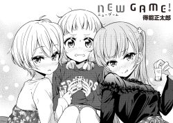Rule 34 | 3girls, :q, blunt bangs, blush, clothes writing, copyright name, cup, drinking glass, drunk, girl sandwich, greyscale, hair ornament, head tilt, highres, holding, holding cup, hoshikawa hotaru, licking lips, long hair, looking at viewer, monochrome, multiple girls, new game!, official art, sakura nene, sandwiched, short hair, suzukaze aoba, tokunou shoutarou, tongue, tongue out, twintails, upper body