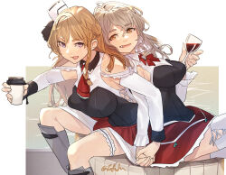 Rule 34 | 2girls, alcohol, blonde hair, blush, braid, breasts, corset, cup, detached sleeves, disposable coffee cup, disposable cup, drinking glass, fang, french braid, fuwafuwatoufu, grey hair, hair between eyes, highres, holding, holding cup, kantai collection, large breasts, long hair, multiple girls, open mouth, pola (kancolle), purple eyes, red skirt, rudder footwear, shirt, skirt, thighhighs, white shirt, white thighhighs, wine, wine glass, yellow eyes, zara (kancolle)