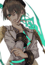 Rule 34 | 1boy, beret, blunt bangs, brown hair, choker, collared shirt, gretel (sinoalice), hat, jacket, looking at viewer, ojo aa, open mouth, parted lips, shirt, short hair, signature, sinoalice, solo, teeth, trap, twitter username, white background